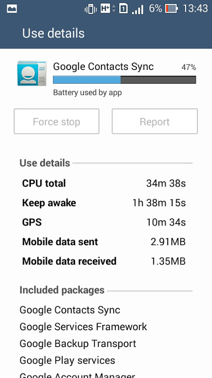 รายละเอียดการใช้แบตของ Google Contacts Sync